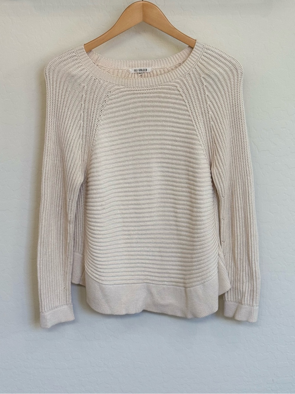 Ali Golden Cream Ribbed Raglan Knit Pima Cotton Sweater XS/S Boho Casual